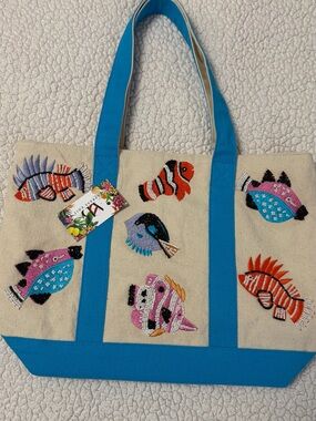 Beaded Fish Canvas Tote with Blue Trim